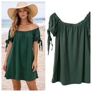 Lulus Al Fresco Evenings Off The Shoulder Mini Dress L Green Rayon Cotton Boho